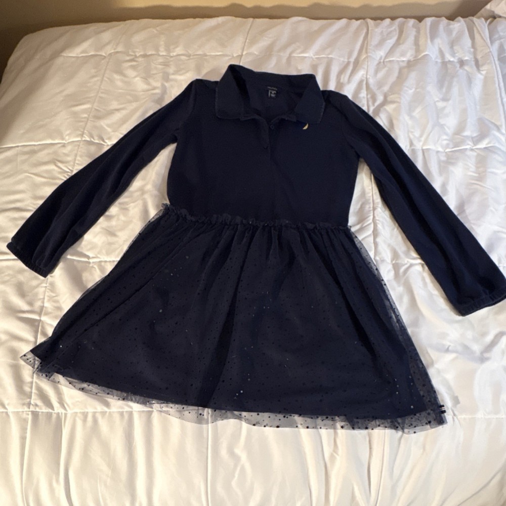 Nautica Girls Navy Blue Polka Dot Tulle Collared Glitter Fit & Flare Dress XL 16