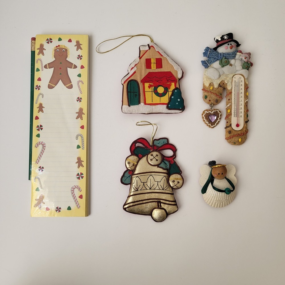 Vintage Lot of 5 Christmas Magnets Fabric Ornaments Angel Gingerbread Notepad