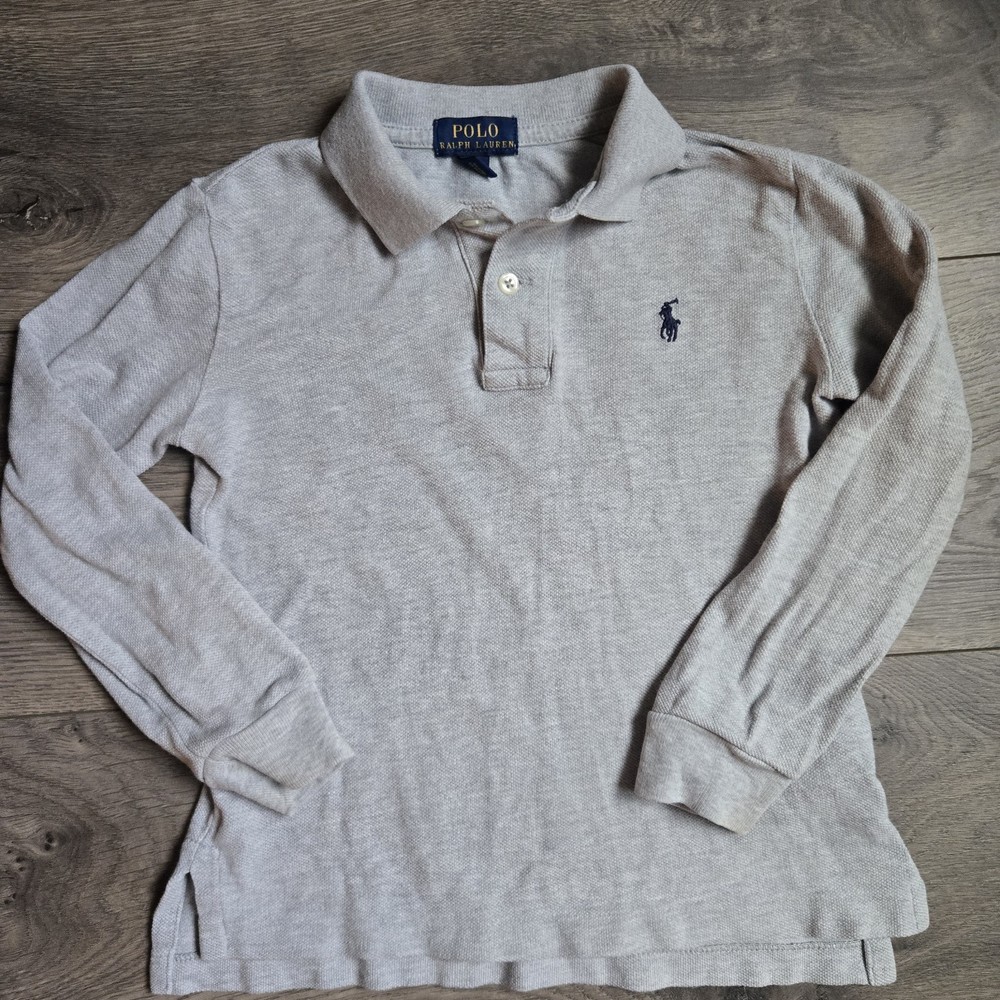 Polo Ralph Lauren Boys Size 4 Gray Long Sleeve Pique Cotton Polo Shirt Classic