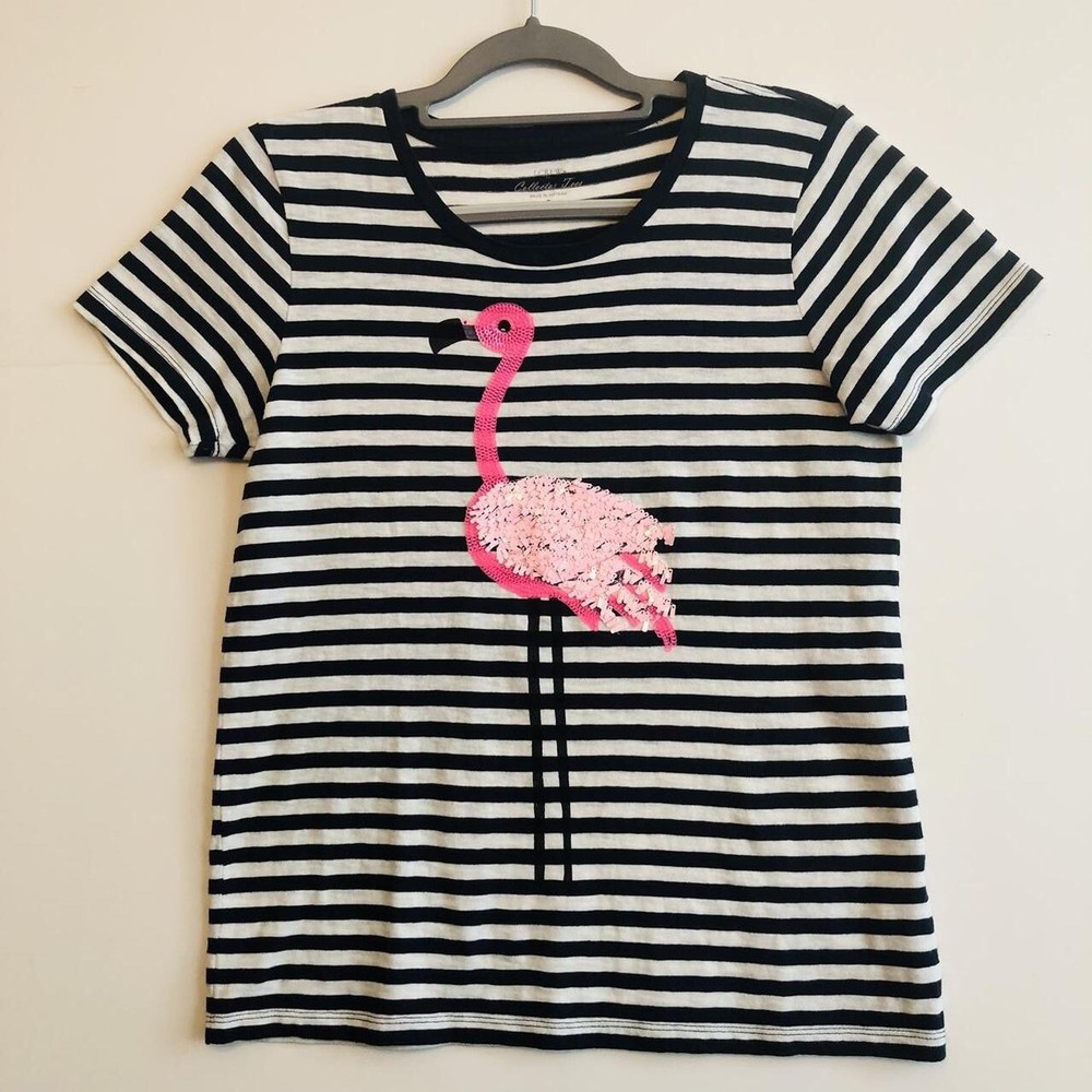 J. Crew Collector Sequin Flamingo Tee T-Shirt Women's Small Navy Blue White