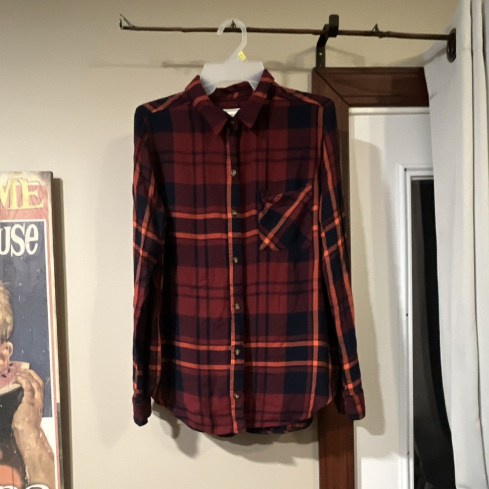 Abercrombie & Fitch Flannel Cotton Plaid Button-Up Shirt Red Navy Men's Size L