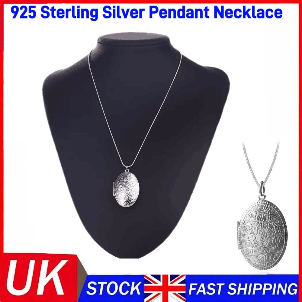 925 Sterling Silver Oval Carved Photo Locket Pendant with Chain Set