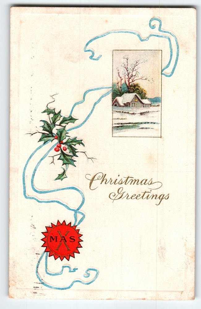 Vintage Christmas Greetings Postcard Snowy Cottage Holly Berries