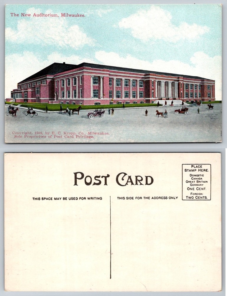 1908 Milwaukee Auditorium Postcard E. C. Kropp Co. Vintage Building Scene