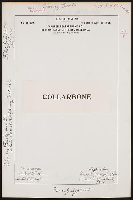 Warren Featherbone Co. Collarbone brand Certain Named Stiffening Materials