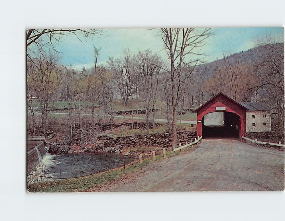 Postcard Green River Covered Bridge & Church Guilford Vermont USA