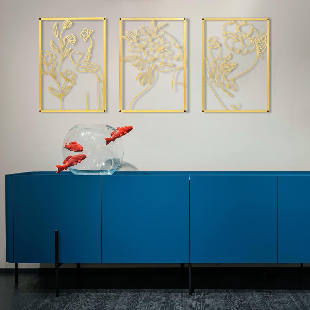 Gold Metal Wall Decor 3 Pieces Minimalist Abstract Wall Art Women Face with F...-image