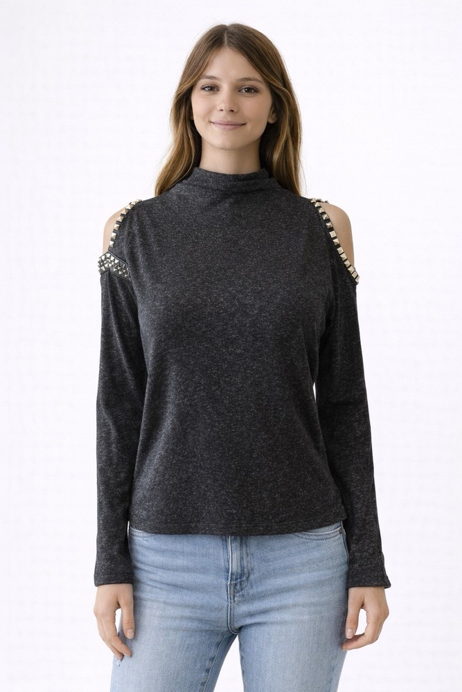 Women’s Black Studded Cold Shoulder Top Long Sleeve Cut Out Mock Neck Shirt