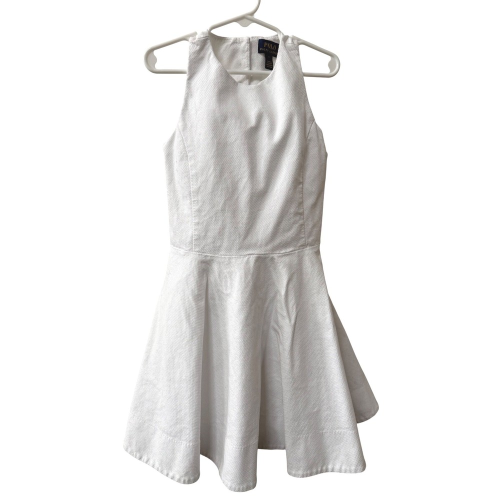 Polo Ralph Lauren Girls Fit Flare Dress White Textured Cotton Sz 7 Party Summer