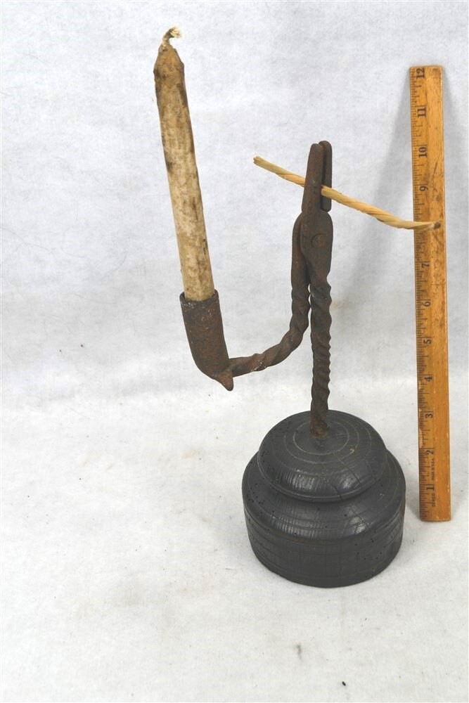 antique rush/candle lamp holder forged 11.5 in. w/candle & rush 18th c original