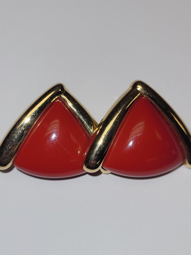 Vintage Monet Red Enamel Triangle Brass Goldtone Clipon Earrings Fashion Jewelry