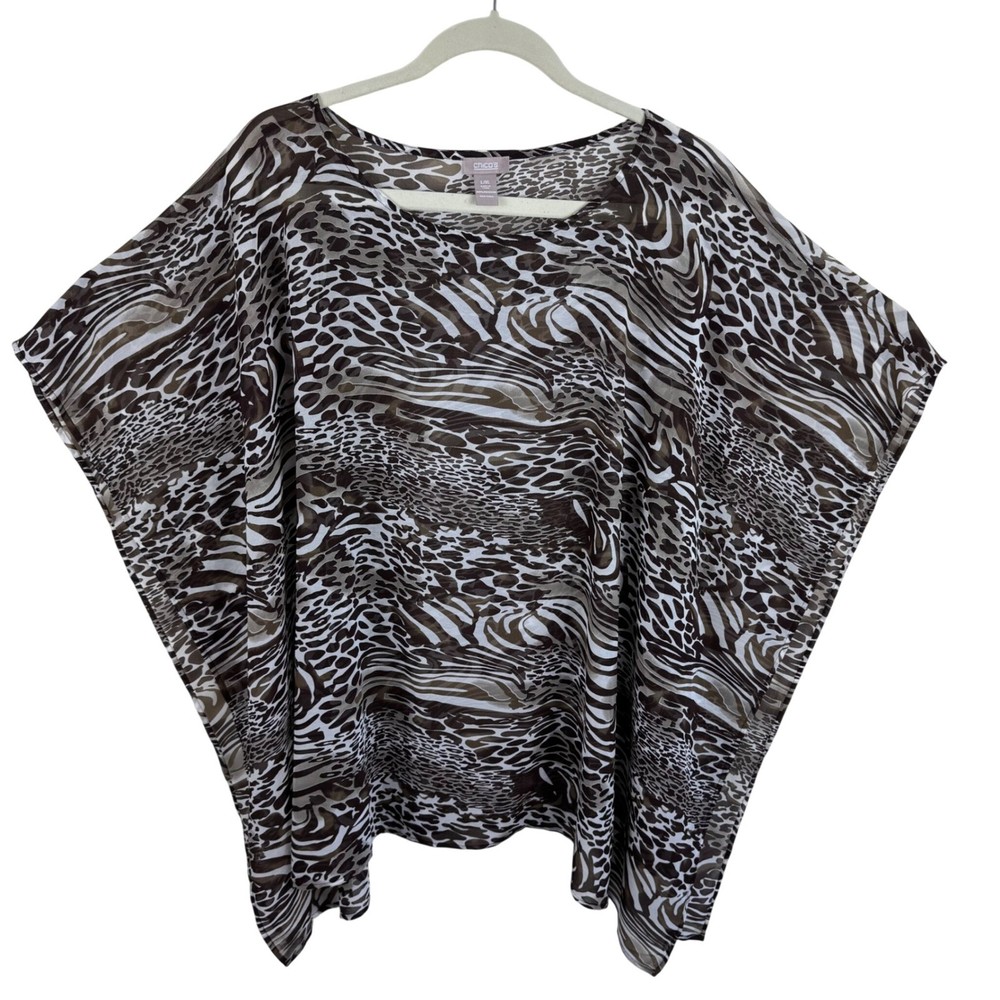 Chico's Animal Print Poncho Blouse Brown Zebra Leopard Sheer Light Top L XL