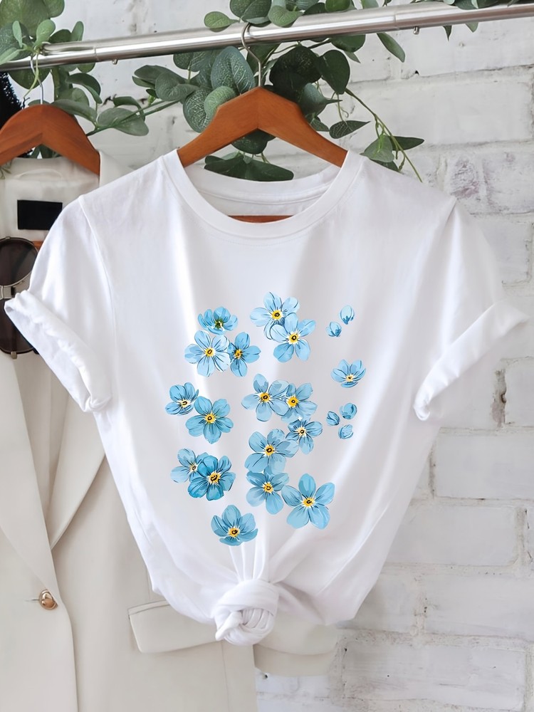 Women's Fresh Blue Forget-Me-Not Floral Print Short Sleeve T-Shirt Casual Top◐