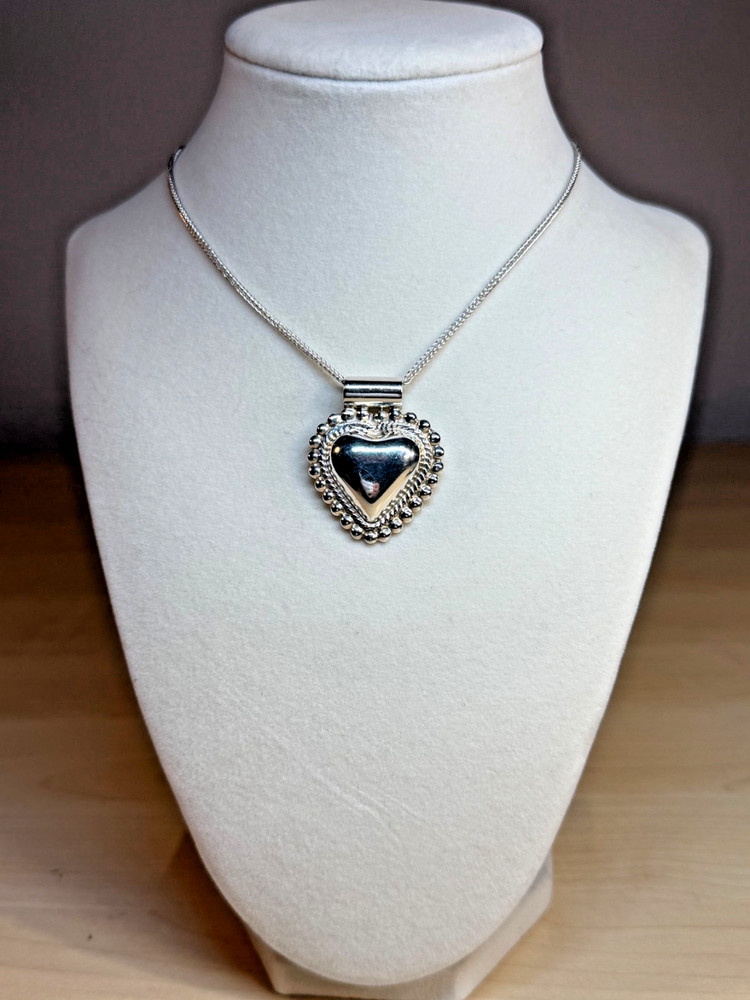 Vintage MWS Mexico 925 Sterling Silver Beaded Puffy Heart Pendant