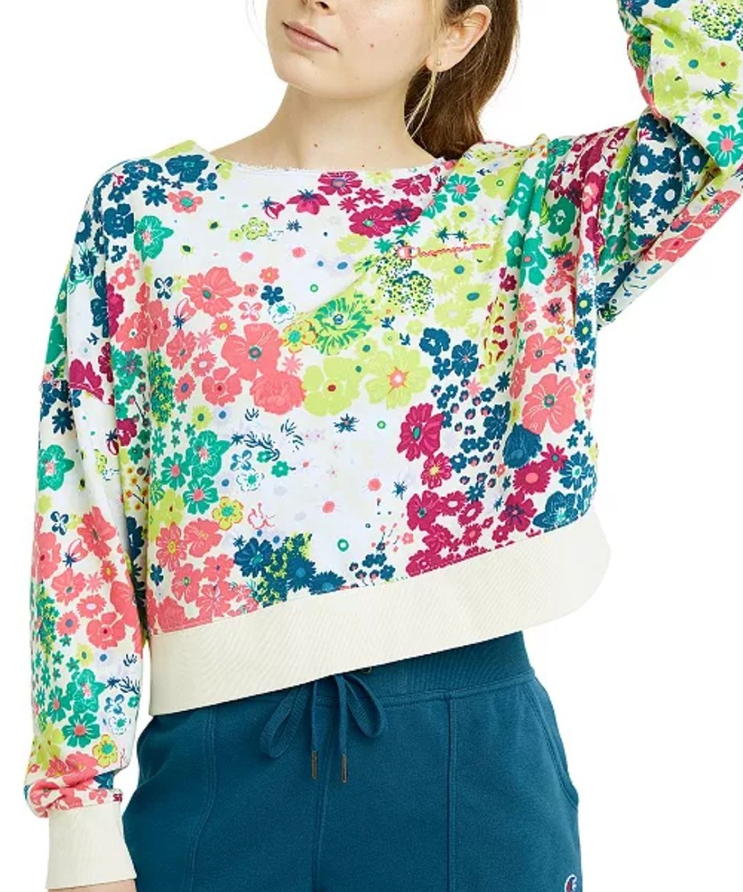 CHAMPION Crewneck Colorful Cropped Raw Neck Flower Power Campus Sweatshirt SZ XL