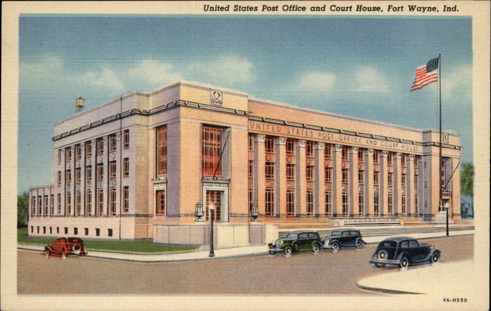 Post Office Court House Fort Wayne Indiana vintage cars ~ 1930s linen postcard