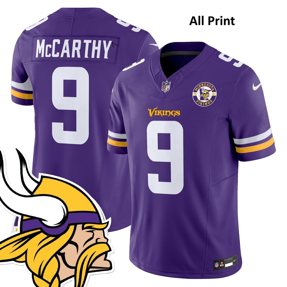 Minnesota Vikings 2025 #9 J.J. McCarthy Football Jersey with Full Print
