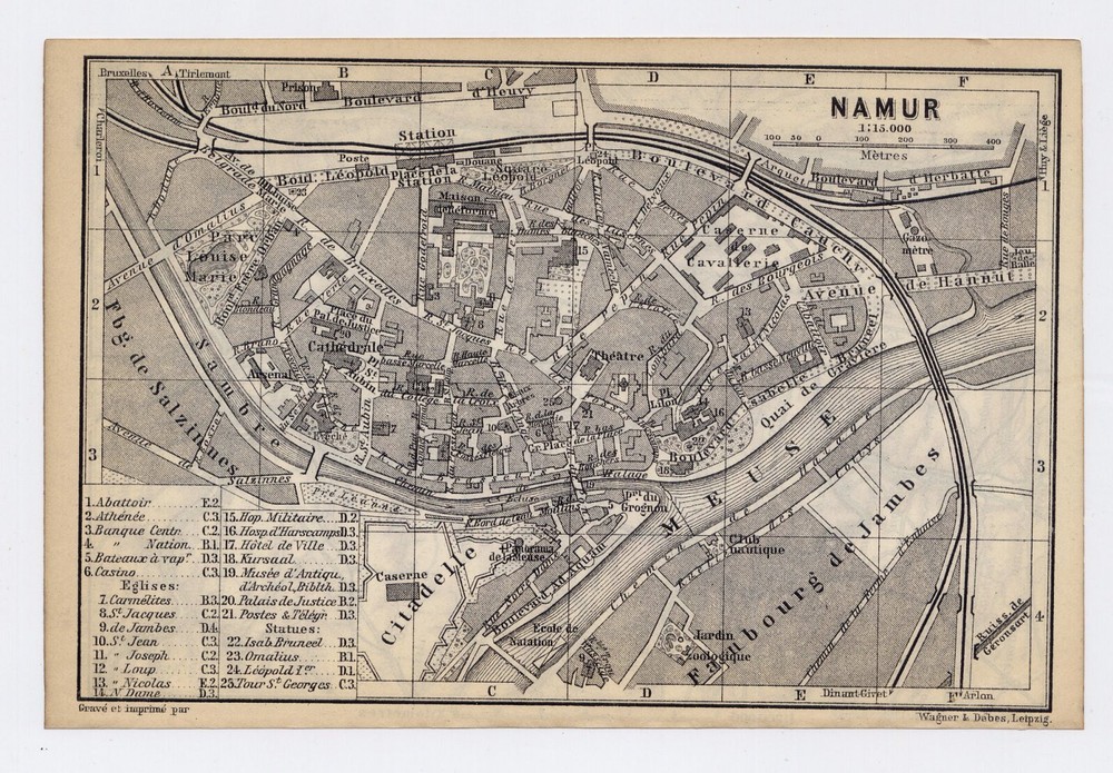 1885 Antique City Map Of Namur / Belgium