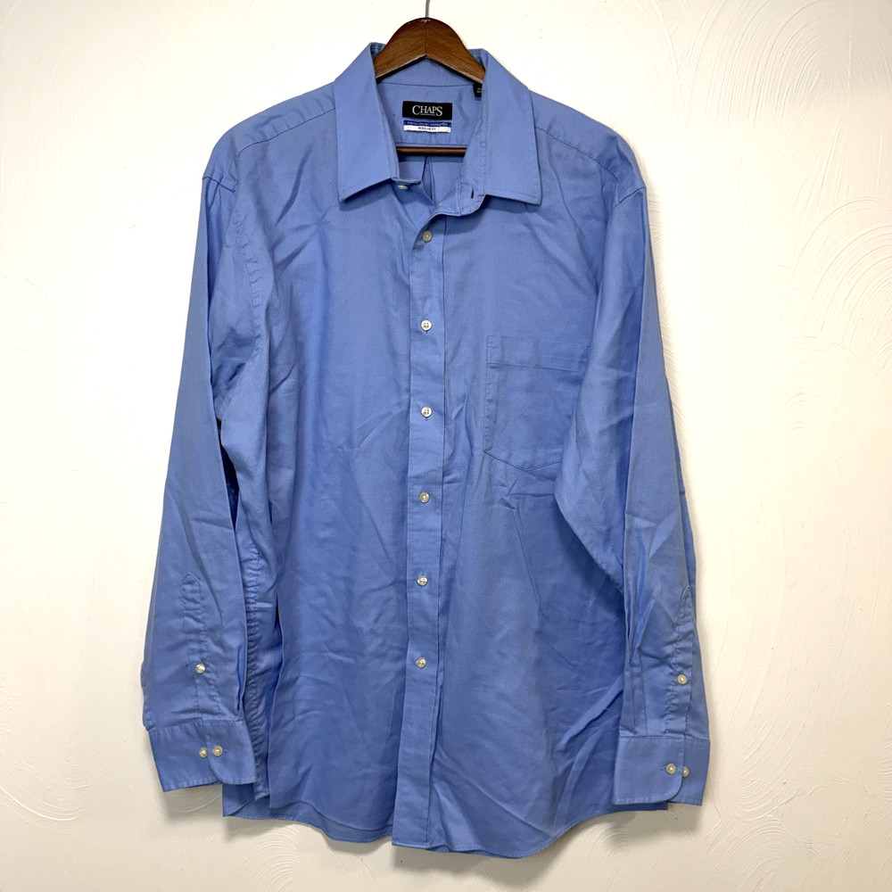Chaps Men's Blue Wrinkle Free Regular Fit Stretch Collar Button Down Shirt Sz 34
