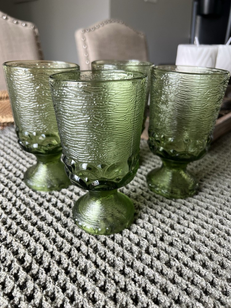 Vintage Tiffin Franciscan Madeira Olive Green Goblets Set of 4 Textured Glass