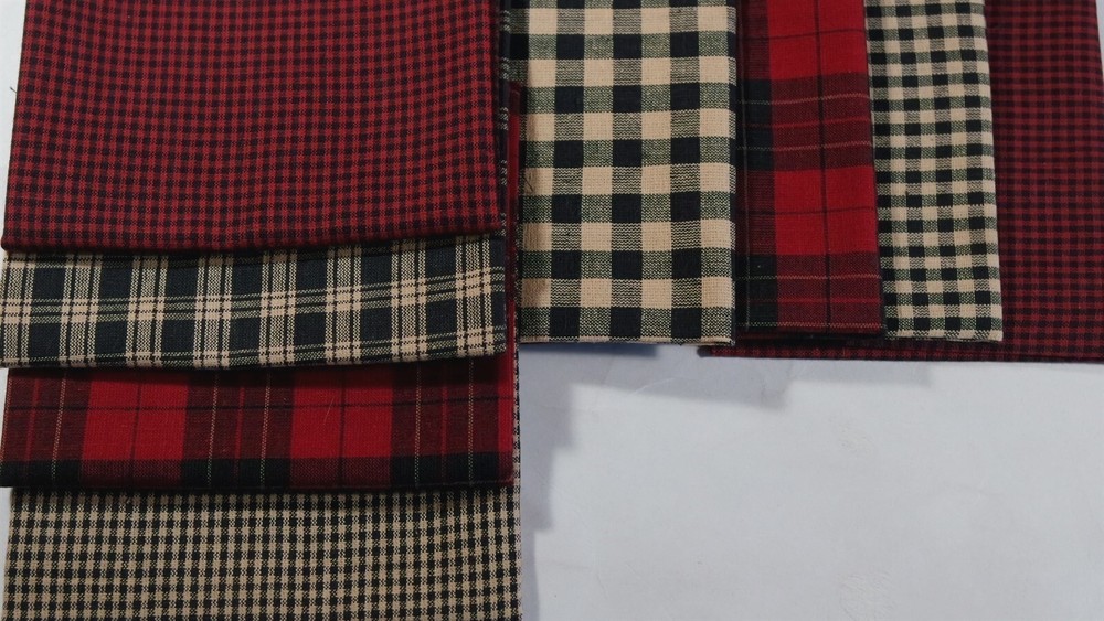 Primitive Red Black Tea Dye Tan Plaid Homespun Christmas Quilt Fabric Scraps Lot