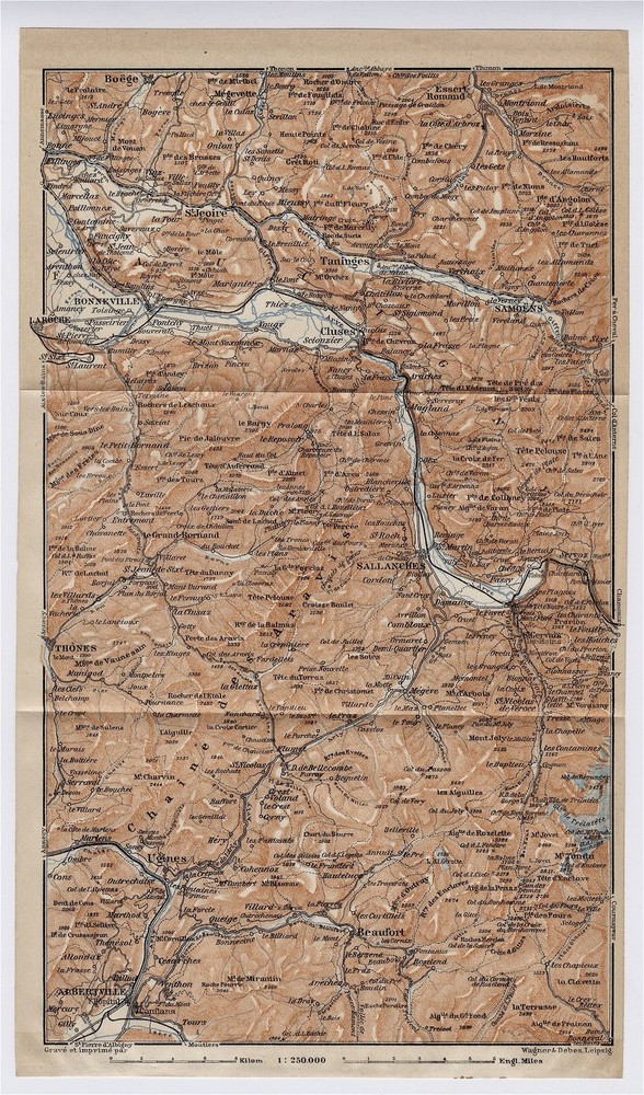 1914 Original Antique Map Of Aravis Range Sallanches Haute-Savoie France