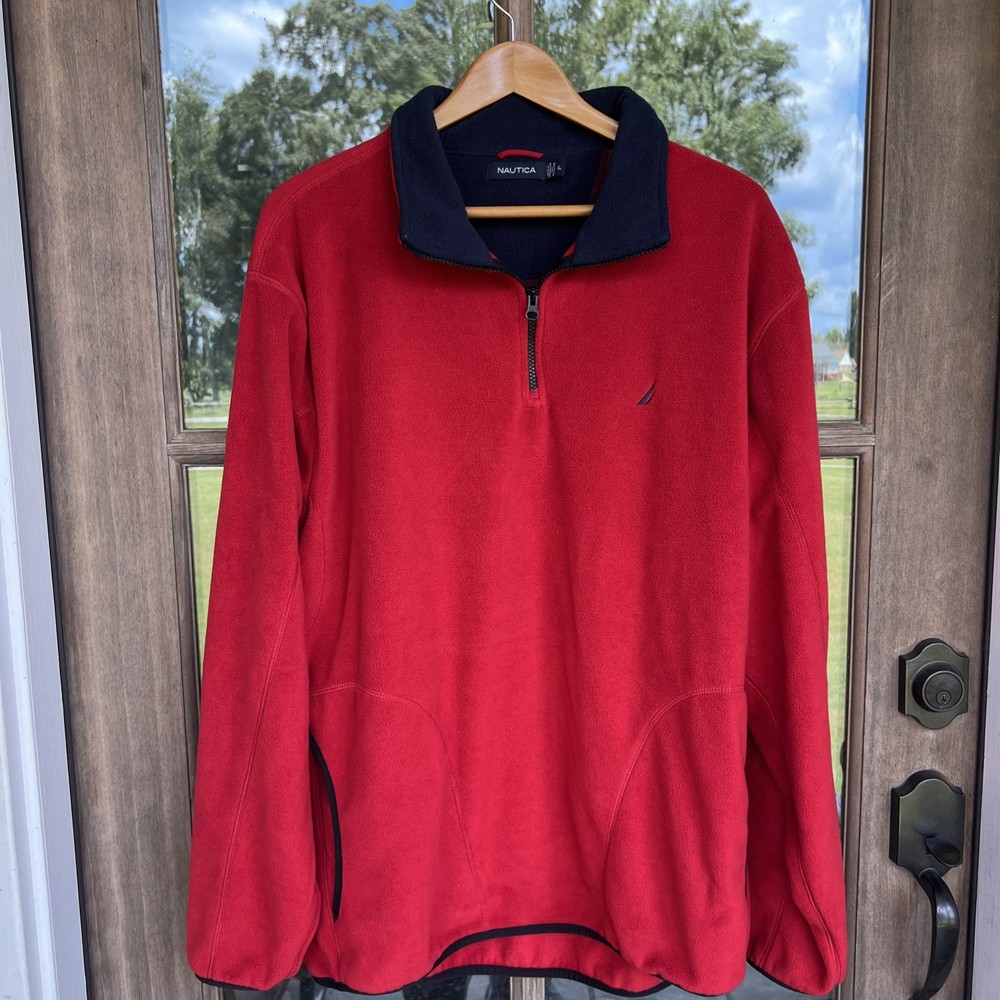 Nautica Mens Red Logo Quarter-Zip Fleece Sweater Pullover Sweatshirt Size XL