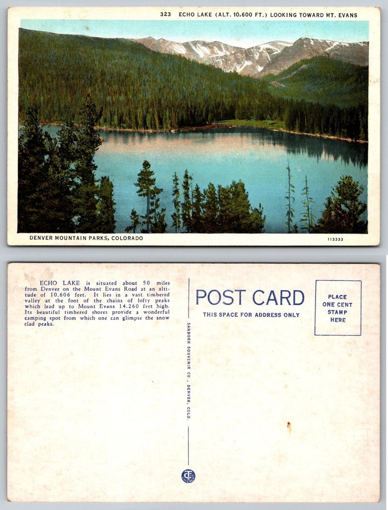 Echo Lake Mt. Evans Colorado Linen Postcard Denver Mountain Parks VTG