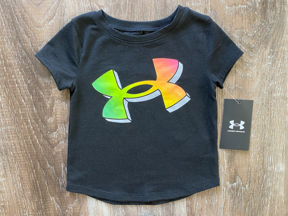 UNDER ARMOUR~black NWT neon big logo shirt~girl's size 12 months~12M~s/s~NEW