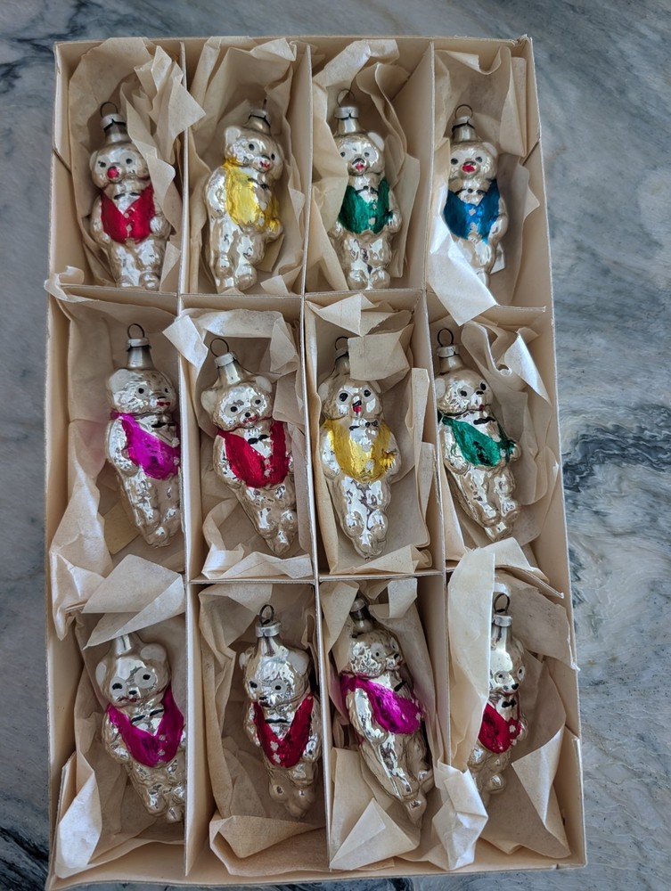Vtg German Silver Bear In Colored Vest Mercury Glass Ornaments Set Of 12