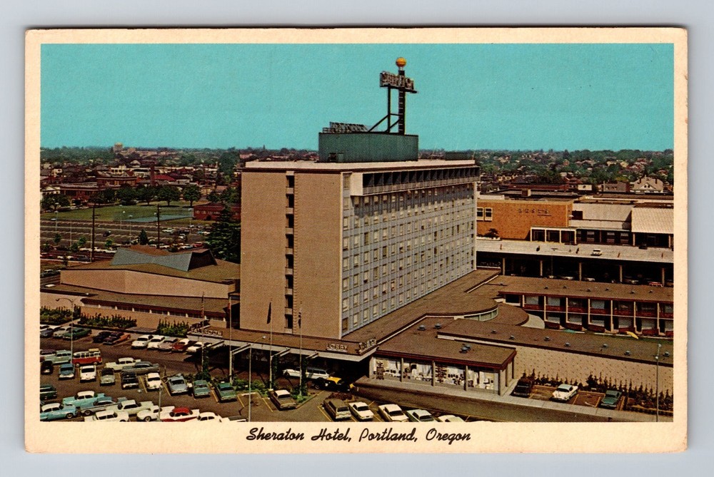 Portland OR-Oregon, Sheraton Hotel Lobby Entrance Aerial, Vintage Postcard