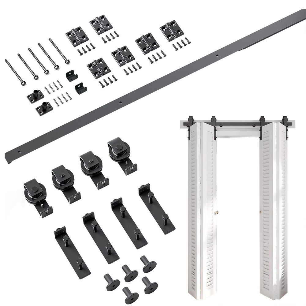 Top Mount Roller Bifold Sliding Barn Door Hardware Kit Black Flat Track Modern