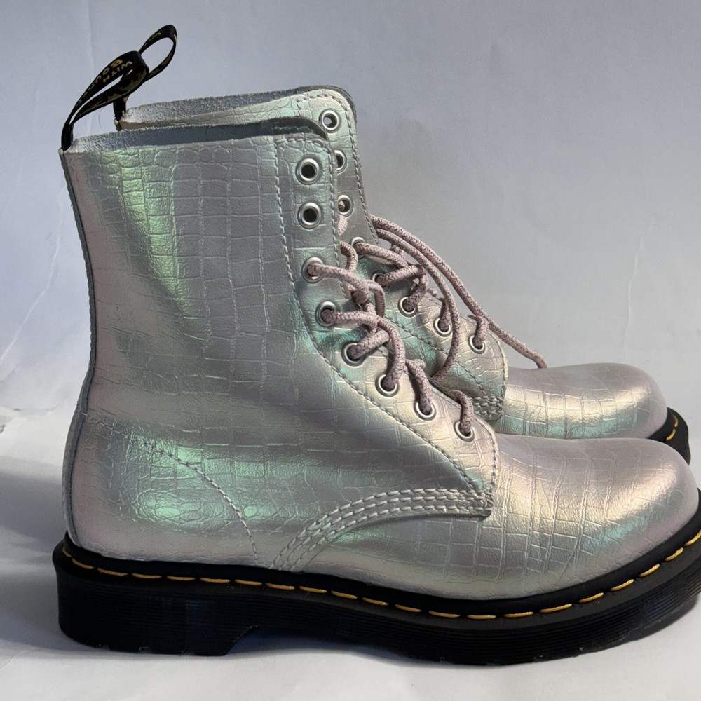 Dr Martens 1460 Pascal Silver Pink Iridescent Leather Croc Boots UK 8