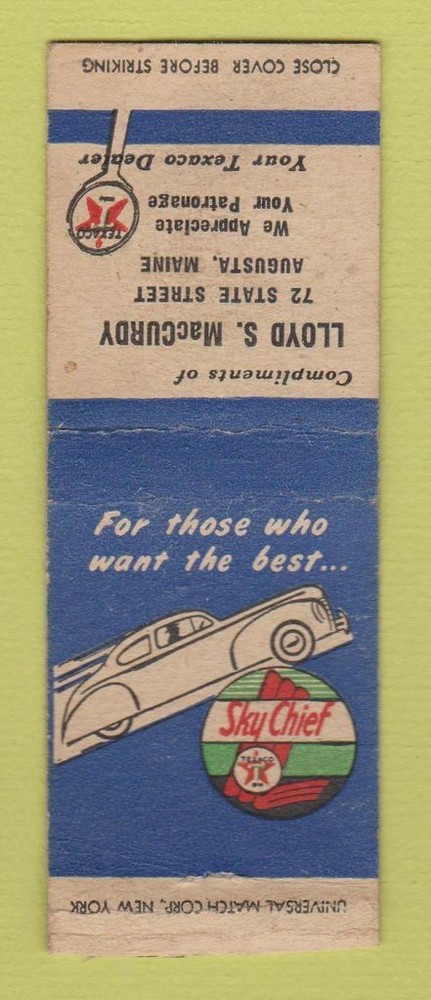 Matchbook Cover - Texaco oil gas Lloyd MacCurdy Augusta ME BOBTAIL