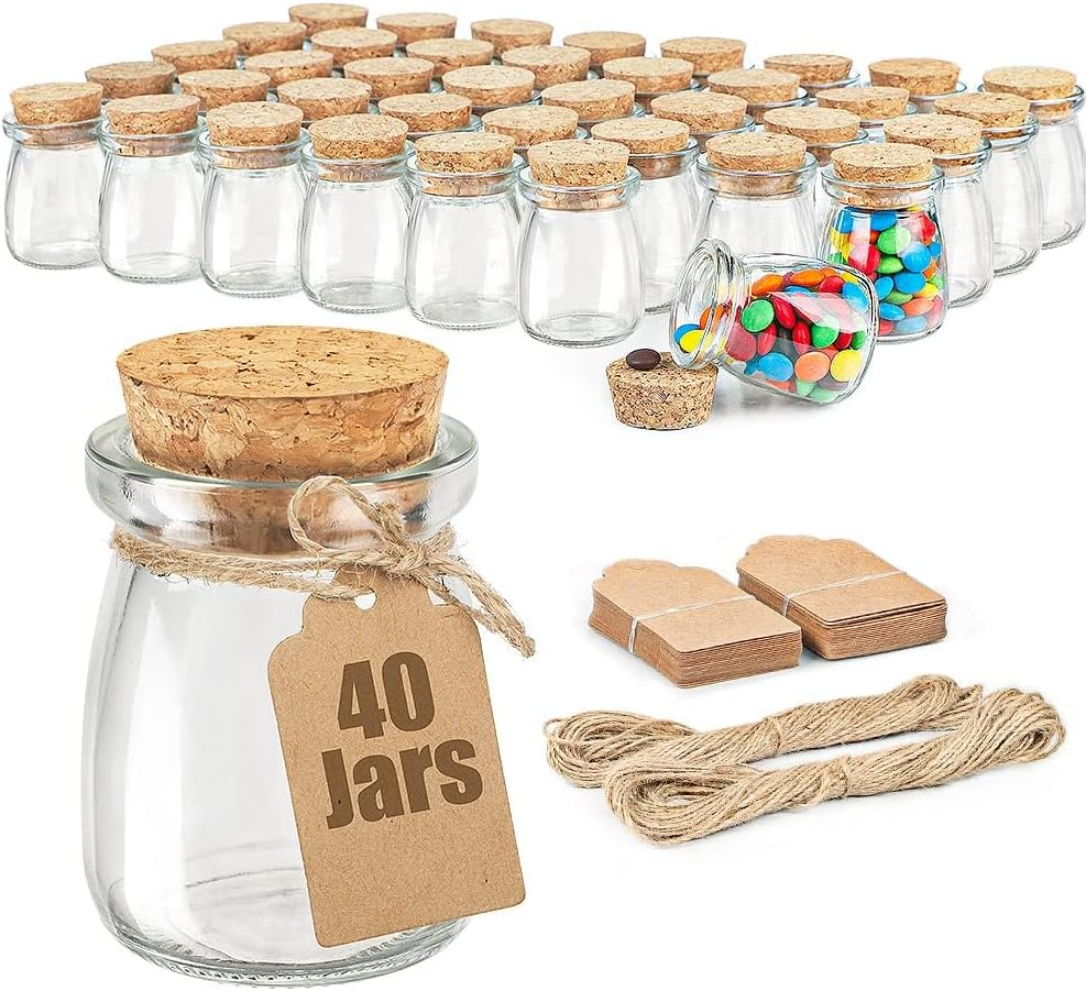 40 Pack Glass Jars with Cork Lids, 3.4 Oz for Favors, Gifts, and Parties