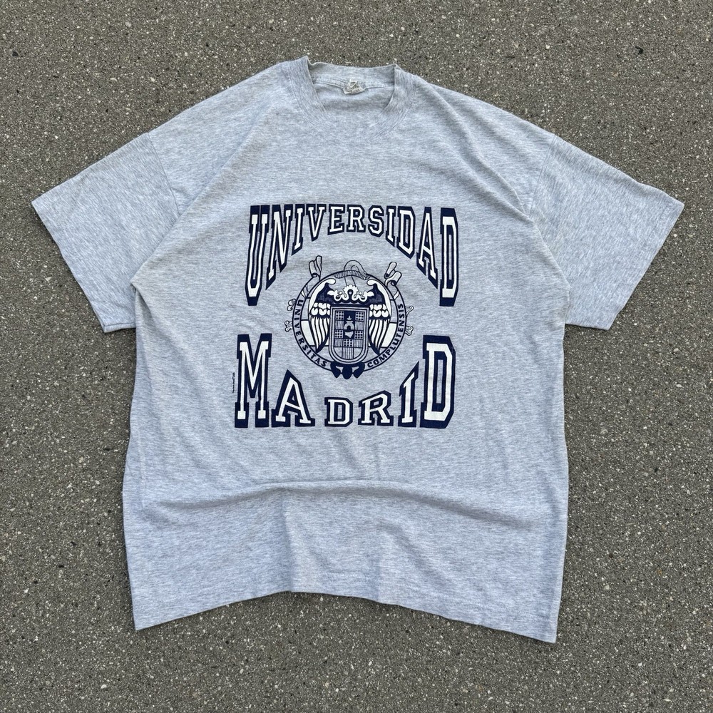 Vintage 90s University of Madrid Spain Crest T Shirt Heather Gray Size Large