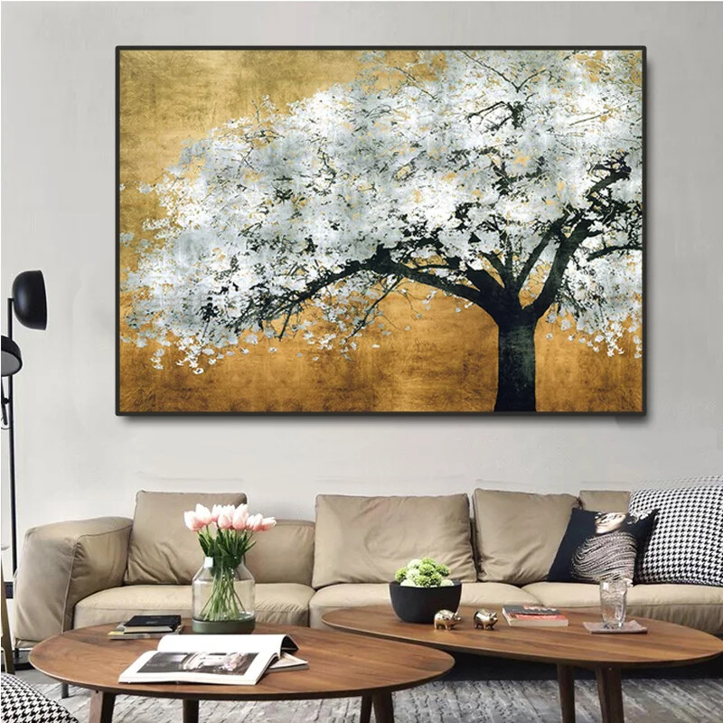 Golden and Silver Abstract Tree Wall Art Canvas Painting for Home Decor Mural