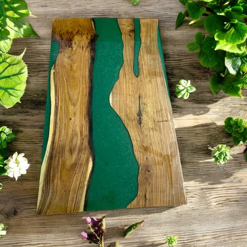 Custom Live Edge Acacia Wood Green Epoxy Resin Dining Table with Iron Legs-image
