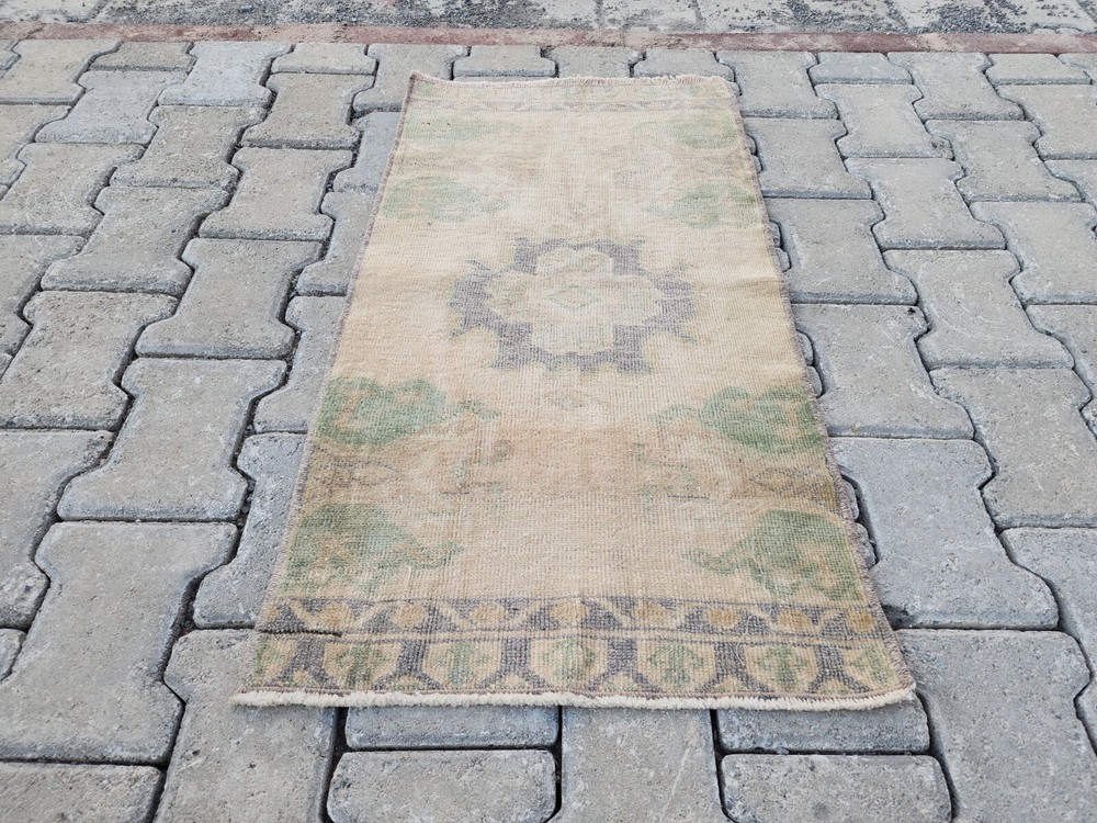 Mini Turkish Rug, 1.7x3.1 ft, Beige and Green, Faded Floral Medallion Wool