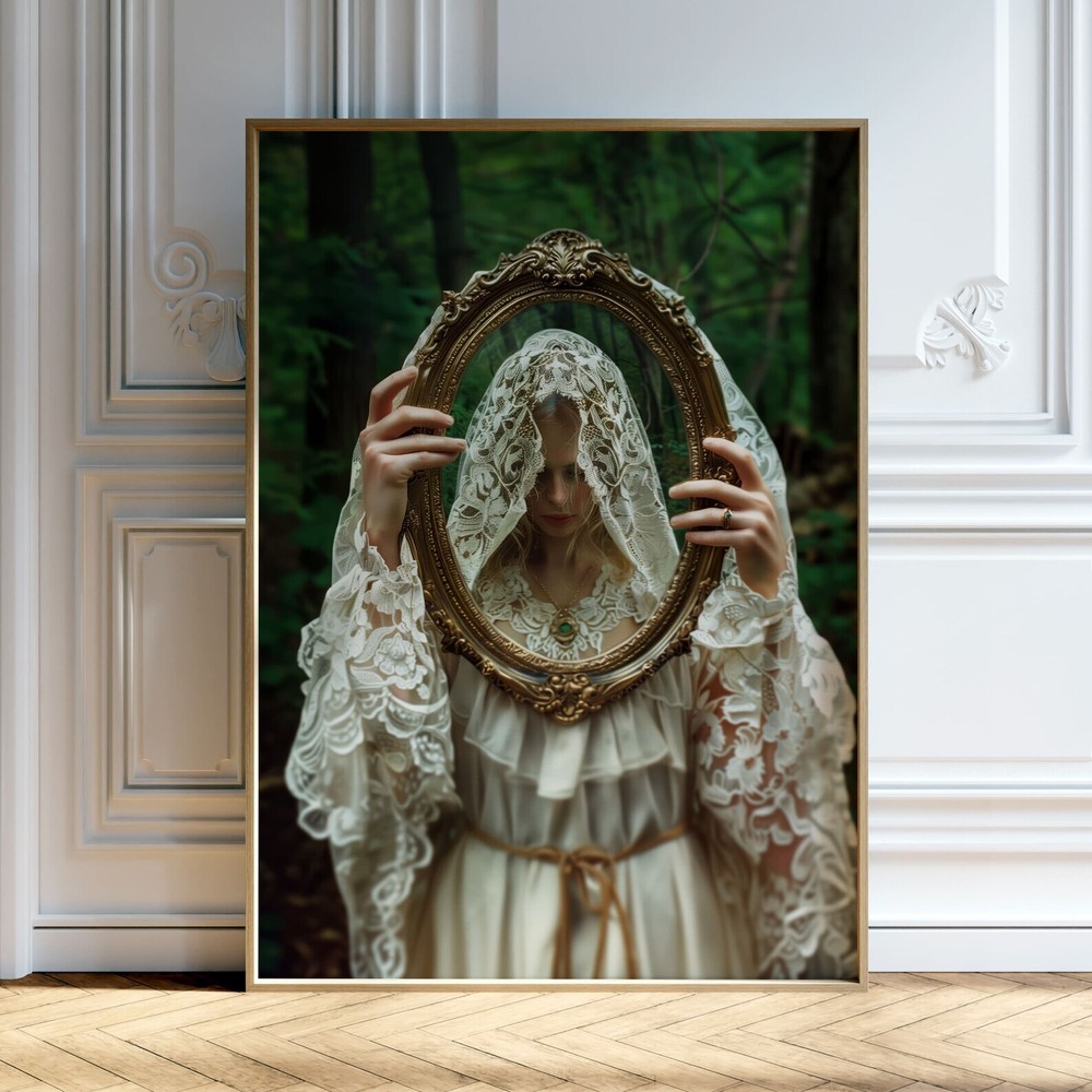 Gothic Woman With Mirror Art Print  Dark Academia And Moody Victorian Decor