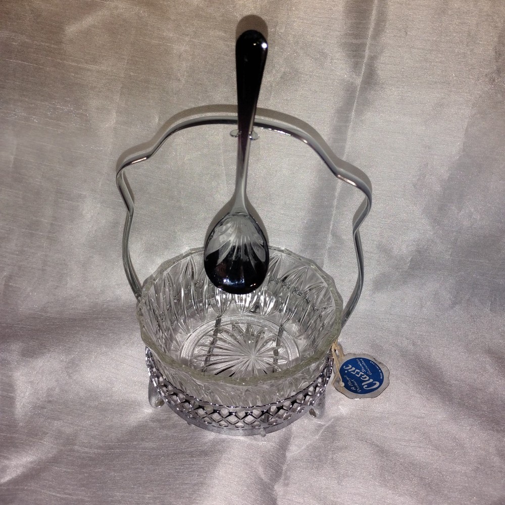 Vintage Glass Sugar, Jelly, Condiment Dish w/Chromium Plate Caddy & Spoon