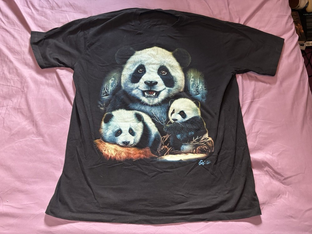 Vintage Panda Shirt Mens 2XL Long Black Double Sided Animal Nature Wildlife 90s