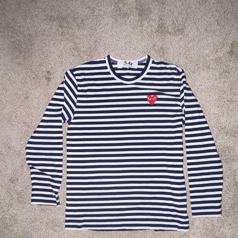 Comme Des Garcons Play Striped Heart Logo Long Sleeve T-Shirt Navy White L
