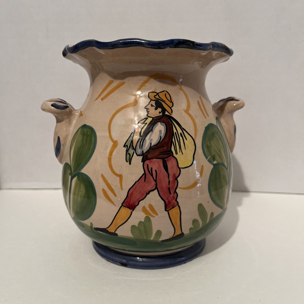 Vintage Hand Painted Floral Pottery Vase Double Handle Ruffle Top