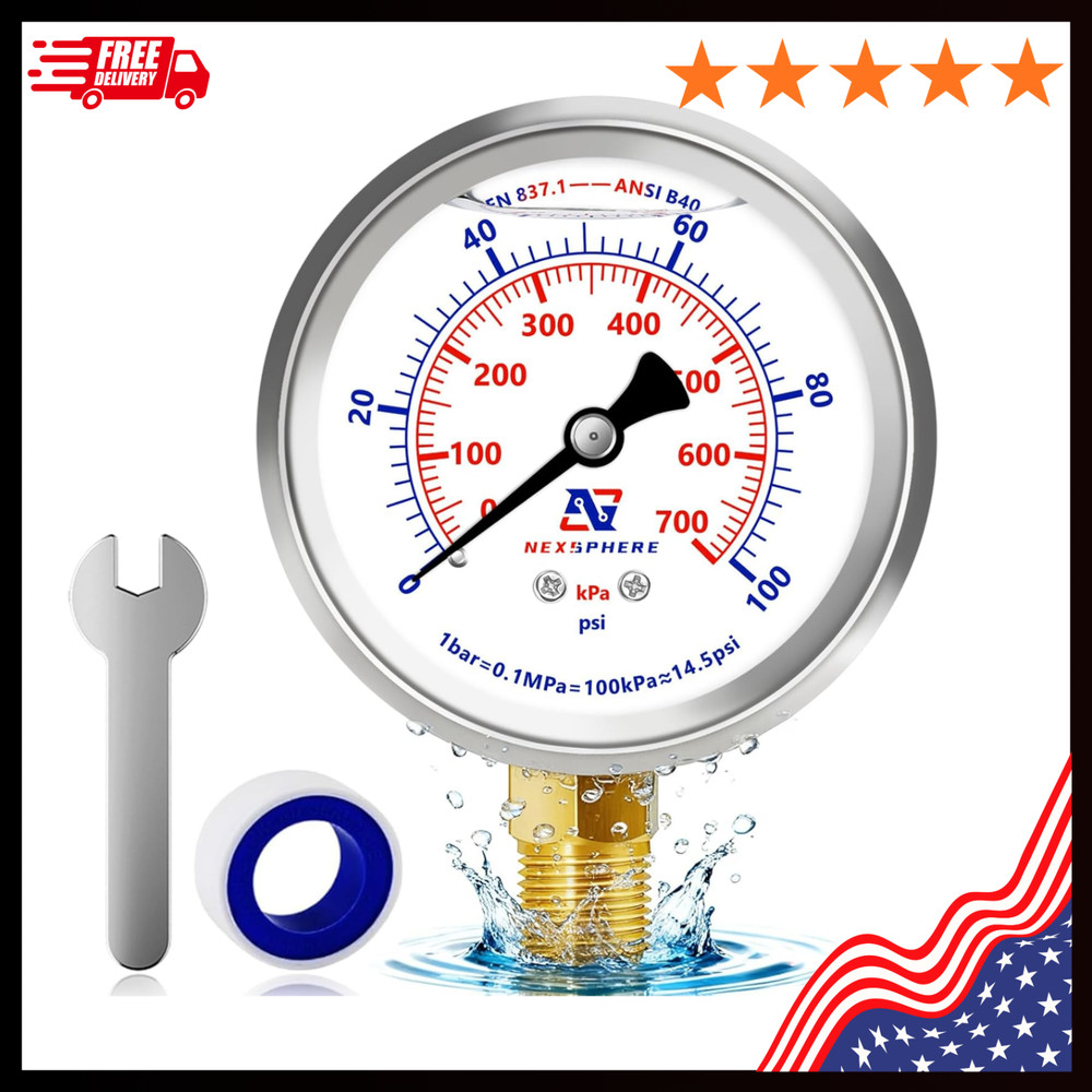 NexSphere 0-100 PSI Liquid Filled Pressure Gauge, 1/4 NPT Lower Mount, 2.5 Di...