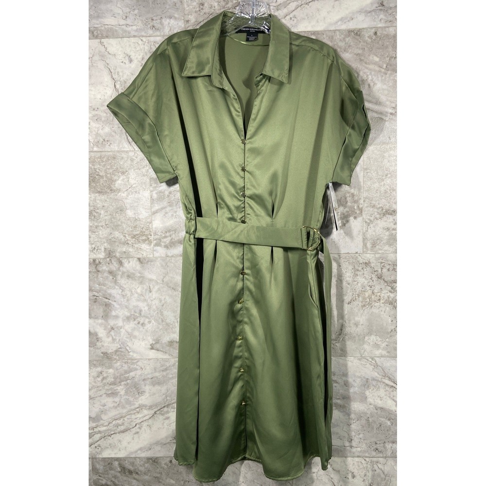 French Connection Olive Green Short Sleeve Belted Shirt Dress Size L