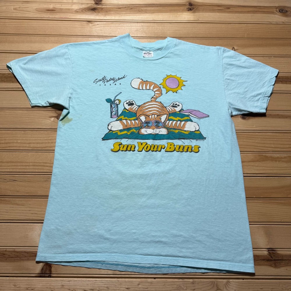 Vintage 80s 1987 South Padre Island Texas Cat Sun Your Buns Souvenir Shirt Large