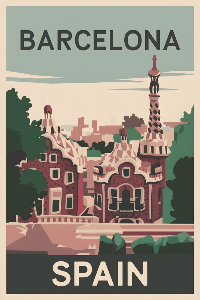 Barcelona Spain Retro Travel Poster Print Wall Art
