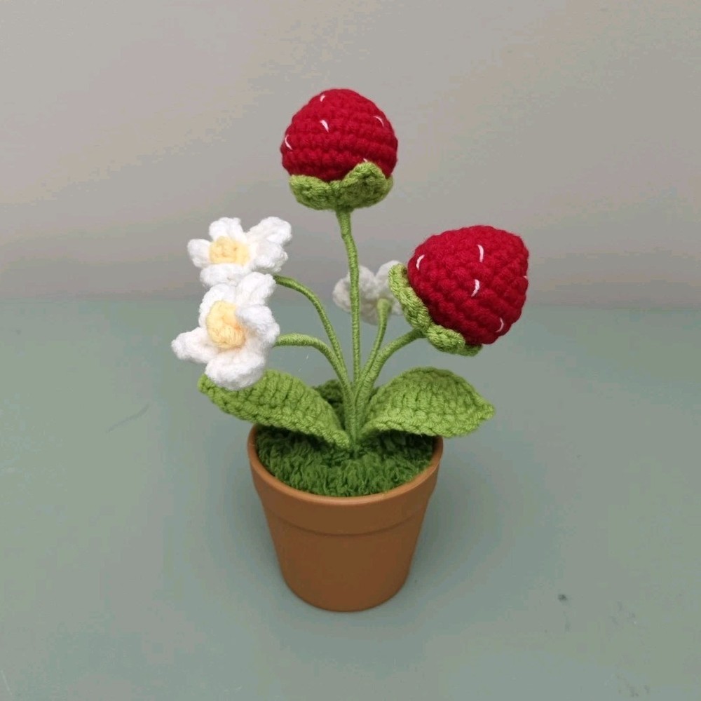 Artificial Handmade Crochet Yarn Strawberry & Flower Pot Arrangement, Red/White