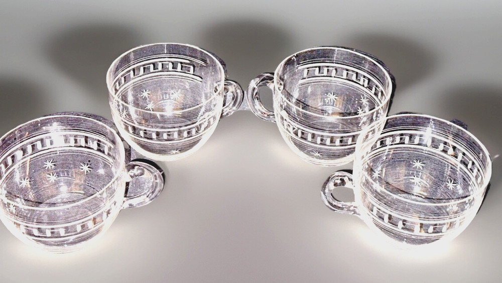 4 Boston & Sandwich Glass Etched Roman Key & Stars Punch Cups Antique Set Four